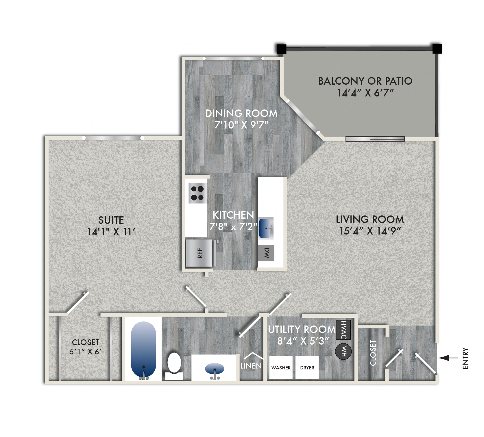 Floor plan for 1 bed, 1 bath, 755 sqft